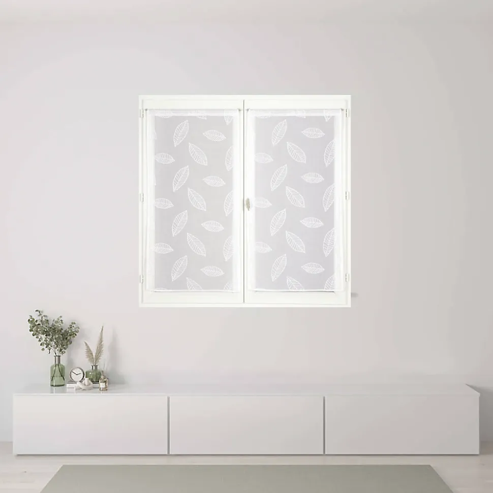 Paire de Voilages Élégants Motif Feuilles, 60x160 cm, Finition Passe-Tringle en Blanc