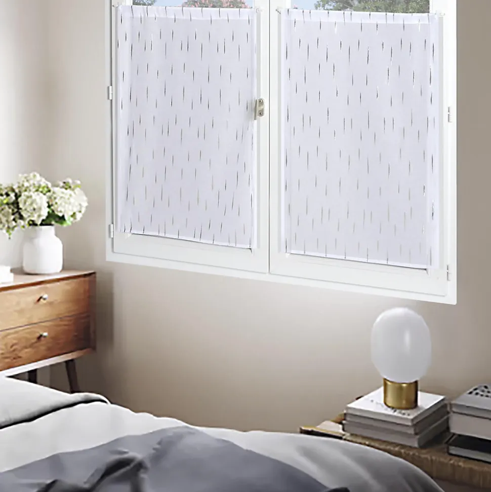 Paire de voilages métallisés blancs 60x90cm avec finition passe-tringle - Prêts à poser