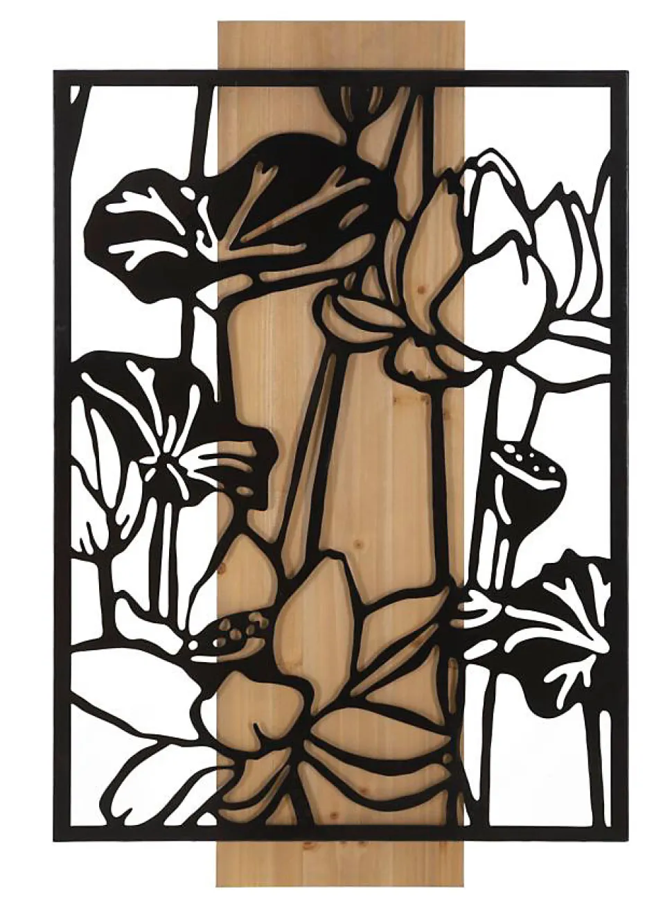 Panneau décoratif 3D en métal noir bois marron fleur 60x2x90 cm