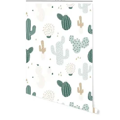 Papier peint adhésif cactus vert et beige en vinyle lavable et amovible - 1 rouleau 50x300 cm - Decochic