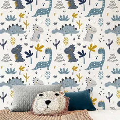 Papier peint adhésif dinosaures bleu et moutarde en vinyle lavable et amovible - 1 rouleau 50x300 cm - Decochic