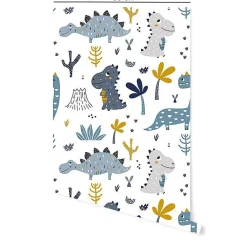 Papier peint adhésif dinosaures bleu et moutarde en vinyle lavable et amovible - 1 rouleau 50x300 cm - Decochic