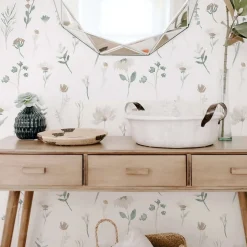 Papier peint adhésif fleuri vert et beige en vinyle lavable et amovible - 1 rouleau 50x300 cm - Decochic