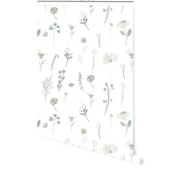 Papier peint adhésif fleuri vert et beige en vinyle lavable et amovible - 1 rouleau 50x300 cm - Decochic