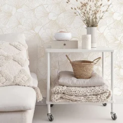 Papier peint adhésif gingko sable et blanc en vinyle lavable et amovible - 1 rouleau 50x300 cm - Decochic