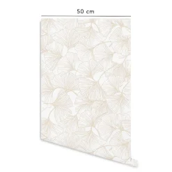 Papier peint adhésif gingko sable et blanc en vinyle lavable et amovible - 1 rouleau 50x300 cm - Decochic