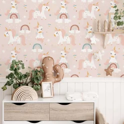 Papier peint adhésif licornes rose en vinyle lavable et amovible - 1 rouleau 50x300 cm - Decochic
