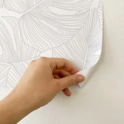 Papier peint adhésif palmier gris et blanc en vinyle lavable et amovible - 1 rouleau 50x300 cm - Decochic