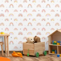 Papier Peint ARC-EN-CIEL Nuages Cœurs Pour Chambre D'Enfant