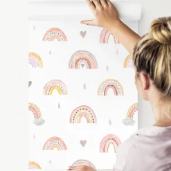 Papier Peint ARC-EN-CIEL Nuages Cœurs Pour Chambre D'Enfant