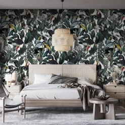 Papier peint avec plantes tropicales et toucans - 255x260 cm (l x h)