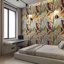 Papier peint beige avec grandes formes végétales aux allures abstraites - 85x260 cm (l x h)