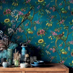 Papier peint Bloom vinyle intissé oiseau paradis bleu pétrole