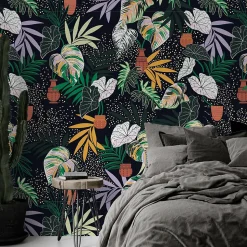 Papier peint botanique avec des feuilles d'alocasia et des palmiers - 85x260 cm (l x h)