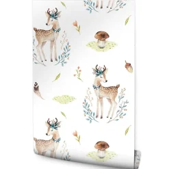 Papier Peint CERF Champignons Feuilles Pour Chambre D'Enfant