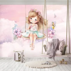 Papier Peint Enfant Ballerine Nuages Rose Intissé Panoramique 350x250 cm - Colle Inclus - Chambre Enfant - Moderne Papier Peint
