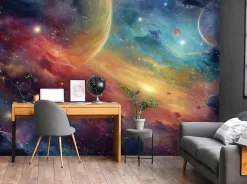 Papier Peint Enfant Cosmos Planètes Intissé Panoramique 400x280 cm - Colle Inclus - Chambre Enfant - Moderne Papier Peint