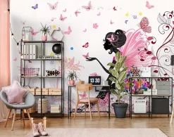 Papier Peint Enfant Fée Papillons Rose Intissé Panoramique 350x250 cm - Colle Inclus - Chambre Enfant - Moderne Papier Peint