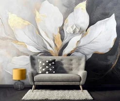 Papier Peint Feuilles Beton Gris Panoramique Intissé 350x250 cm - Colle Inclus - Moderne XXL Papier Peint por Chambre Salon