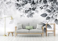 Papier Peint Feuilles Noir et blanc Intissé Panoramique Pour Chambre Cuisine 350x250 cm