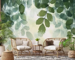 Papier Peint Feuilles Vert Panoramique Intissé 350x250 cm - Colle Inclus - Moderne Papier Peint Intissé Chambre Salon