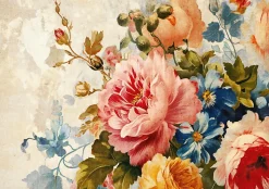 Papier Peint Fleurs Pivoines Béton Intissé Panoramique 350x250 cm - Colle Inclus - Chambre et Salon - Moderne Papier Peint