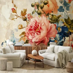 Papier Peint Fleurs Pivoines Béton Intissé Panoramique 350x250 cm - Colle Inclus - Chambre et Salon - Moderne Papier Peint