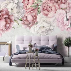 Papier Peint Fleurs Rose Pivoines Intissé Panoramique 400x280 cm - Colle Inclus - Chambre et Salon - Moderne Papier Peint