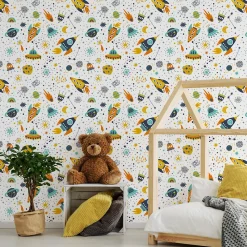 Papier Peint GALAXIE Fusées Couleurs Pour Chambre D'Enfant