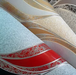 Papier peint graphique EDEM 1025-11 aspect crépi granit moucheté lignes ondulées et ornements jaune beige gris argent