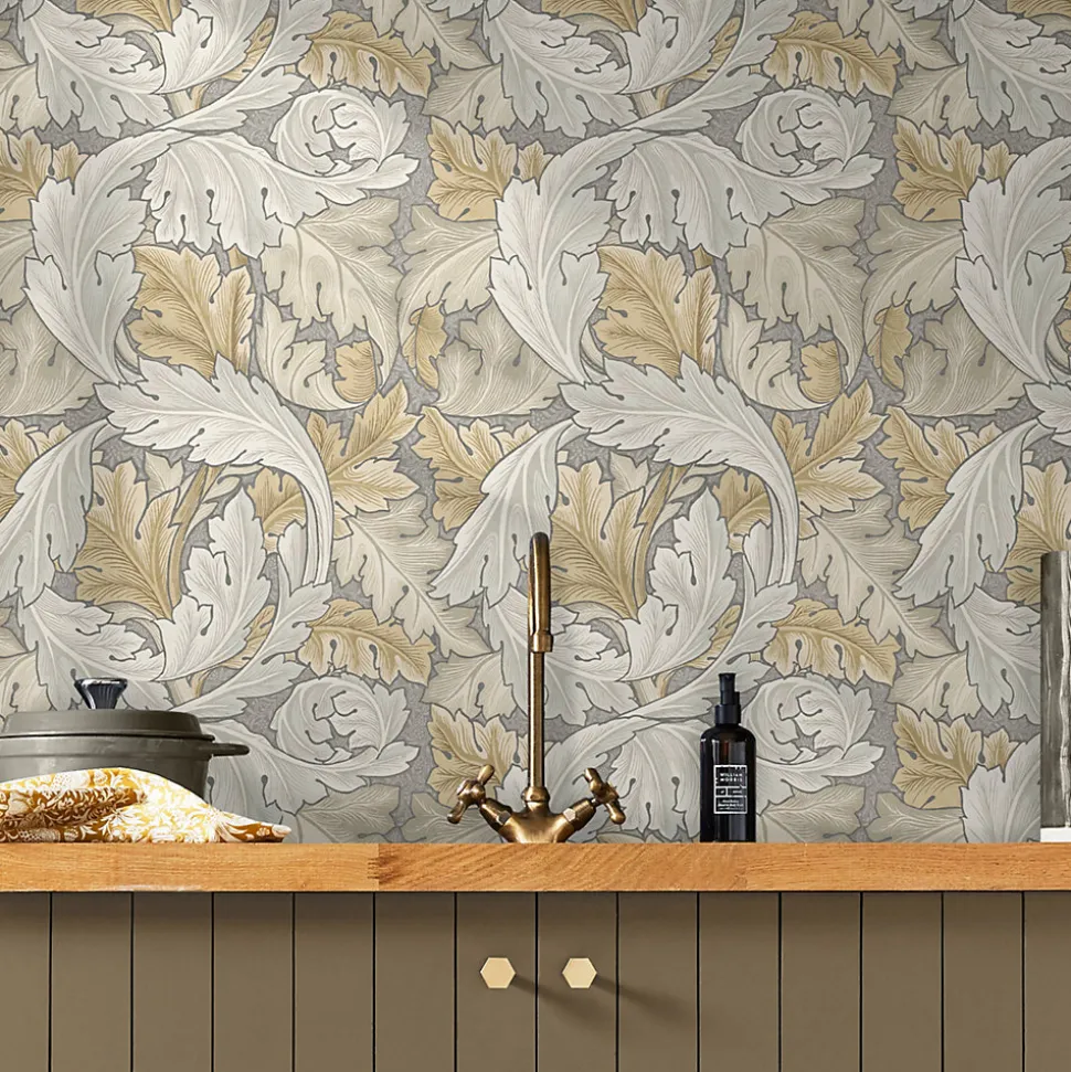 Papier peint intissé Ancanthus neutral imprimé feuillage beige crème L.1000 x l.52cm William Morris