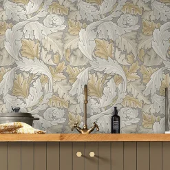 Papier peint intissé Ancanthus neutral imprimé feuillage beige crème L.1000 x l.52cm William Morris
