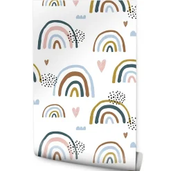 Papier Peint Intissé Arc-en-ciel Nuages Coeurs Colorés Pour Chambre D'Enfant