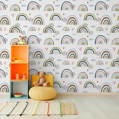 Papier Peint Intissé Arc-en-ciel Nuages Coeurs Colorés Pour Chambre D'Enfant
