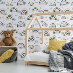 Papier Peint Intissé Arc-en-ciel Nuages Coeurs Colorés Pour Chambre D'Enfant