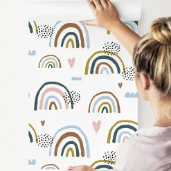 Papier Peint Intissé Arc-en-ciel Nuages Coeurs Colorés Pour Chambre D'Enfant