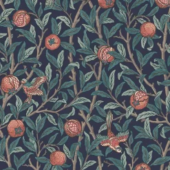 Papier peint intissé Bird pomegranate bleu marine, corail L.1000 x l.52cm William Morris
