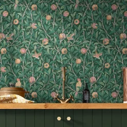 Papier peint intissé Bird & pomegranate imprimé fleurs, oiseaux vert L.1000 x l.52cm William Morris