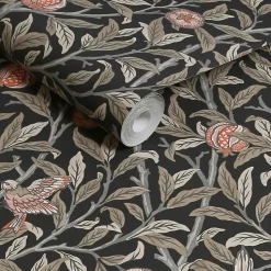 Papier peint intissé Bird & pomegranate charcoal imprimé fleurs vert L.1000 x l.52cm William Morris