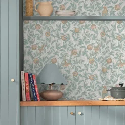 Papier peint intissé Bird & pomegranate duck egg imprimé fleurs vert L.1000 x l.52cm William Morris