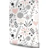 Papier Peint Intissé COEURS Brindilles Fleurs Feuilles Colorées Pour Chambre D'Enfant