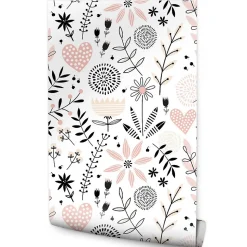 Papier Peint Intissé COEURS Brindilles Fleurs Feuilles Colorées Pour Chambre D'Enfant