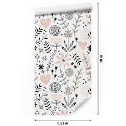 Papier Peint Intissé COEURS Brindilles Fleurs Feuilles Colorées Pour Chambre D'Enfant