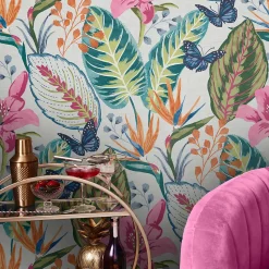 Papier peint intissé Eden day imprimé fleurs tropicales rose, vert, bleu L.1000 x l.52cm Envy