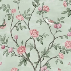 Papier peint intissé Eglantine imprimé fleurs d'eglantine vert L.1000 x l.52cm Laura Ashley