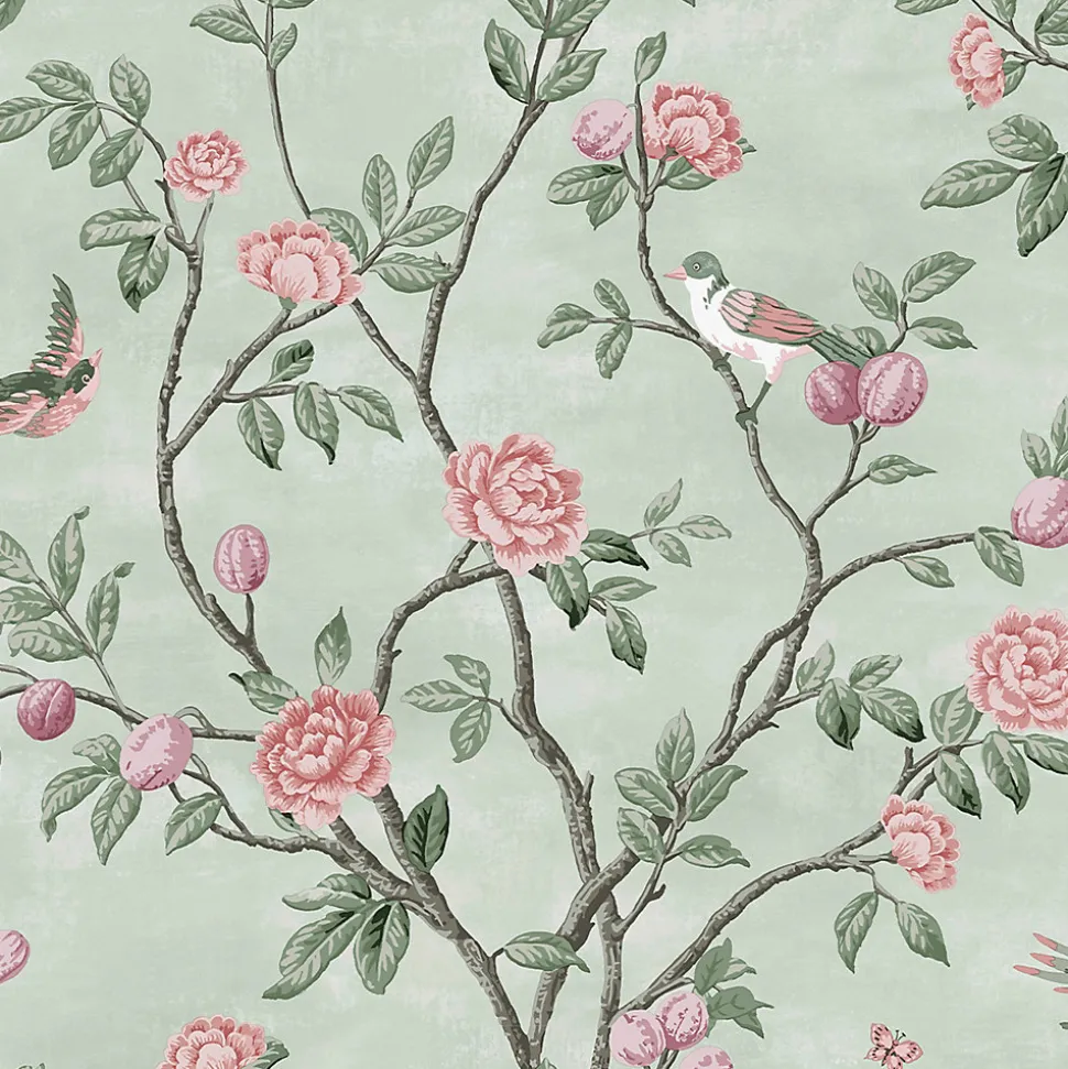 Papier peint intissé Eglantine imprimé fleurs d'eglantine vert L.1000 x l.52cm Laura Ashley