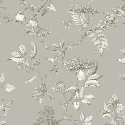 Papier peint intissé Elderwood imprimé fleurs gris L.1000 x l.52cm Laura Ashley