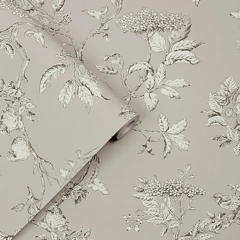 Papier peint intissé Elderwood imprimé fleurs gris L.1000 x l.52cm Laura Ashley