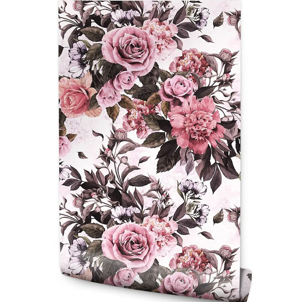 Papier Peint Intissé FLEURS Roses Pivoines Plantes Rétro Pour Salon