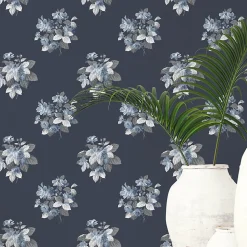 Papier peint intissé Jardin Secret Lutece mat et satiné fleurs bleu, bleu nuit l.1000 x l.53 cm
